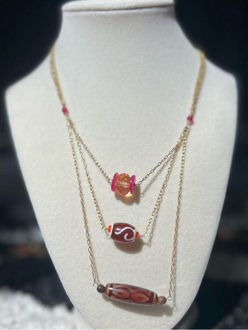 Vintage gold tone dainty Layered necklace with pink and orange beads